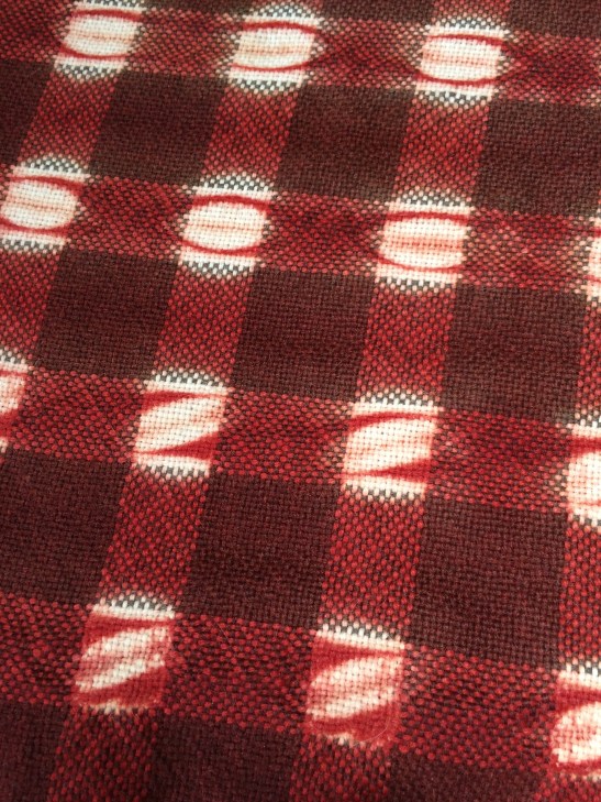 Alpaca, woven shibori resist, dyed with madder (rubia tinctoria), inspired by historical check patterned textiles from China and Mexico